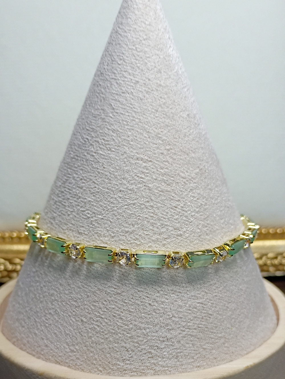 New Gold Tone Bracelet with Light Green Gemstones and Clear Accents